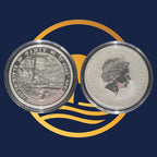 2023 Black Flag The Fancy silver bullion five-ounce coin from The Perth Mint  reverse and obverse with designs on a blue and yellow circular background