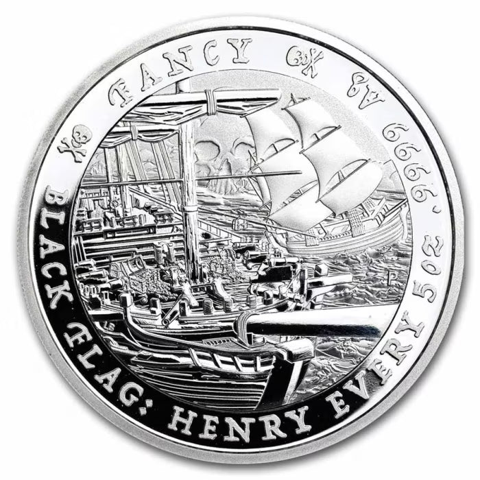 2023 Black Flag The Fancy silver bullion five-ounce coin from The Perth Mint  with ship design and text 'Black Flag: Henry Every' on a white background