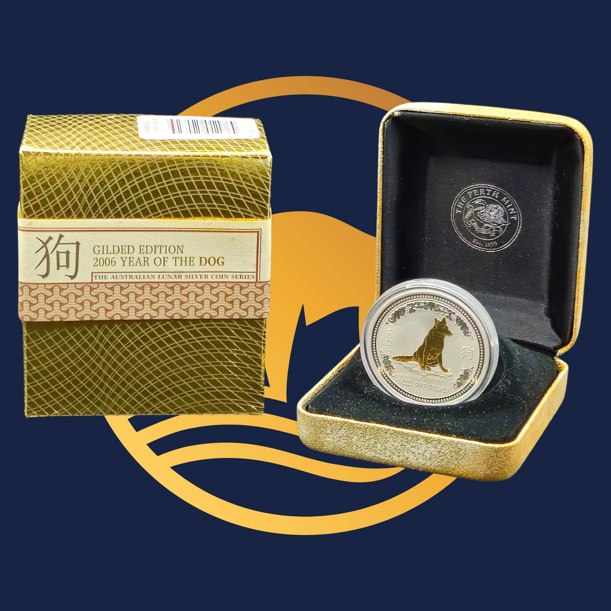 2006 Year of the Dog one-ounce silver gilded coin from The Perth Mint, shipper and case with coin on a blue background.