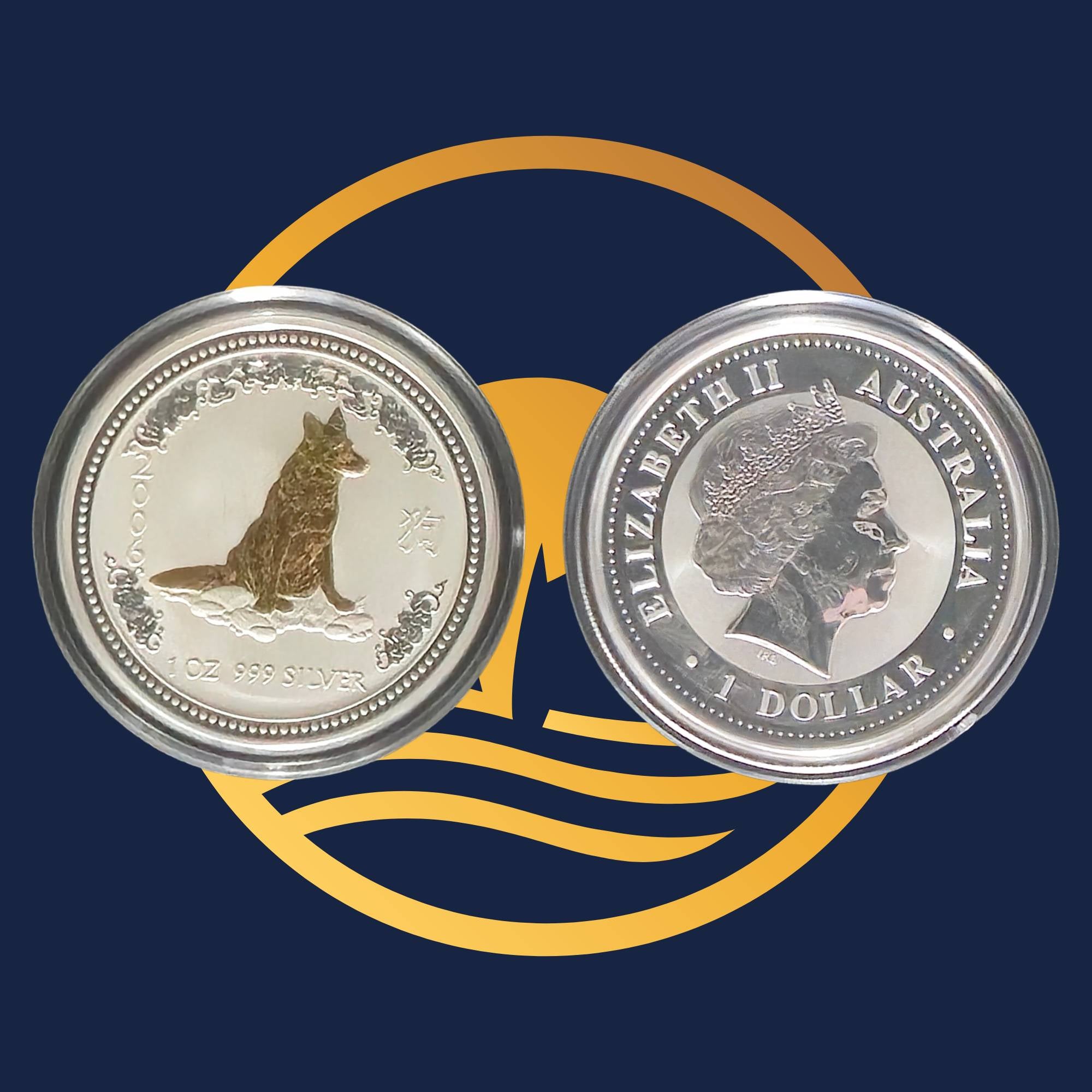 2006 Year of the Dog one-ounce silver gilded coin from The Perth Mint, reverse and obverse with a dog illustration and 'Elizabeth II Australia' text on a blue and yellow background.