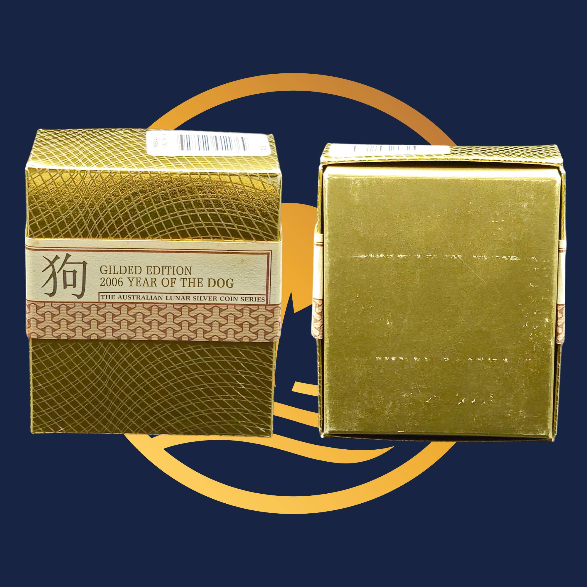 2006 Year of the Dog one-ounce silver gilded coin from The Perth Mint  shipper with 'Gilded Edition 2006 Year of the Dog' text on a blue background