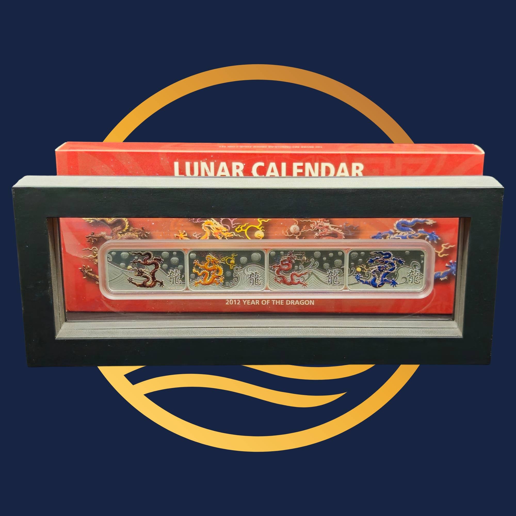 Perth Mint 2012 Year of the Dragon Lunar calendar with Dragon design on a blue background