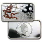 Silver bar with dragon design and engraved text on a white background