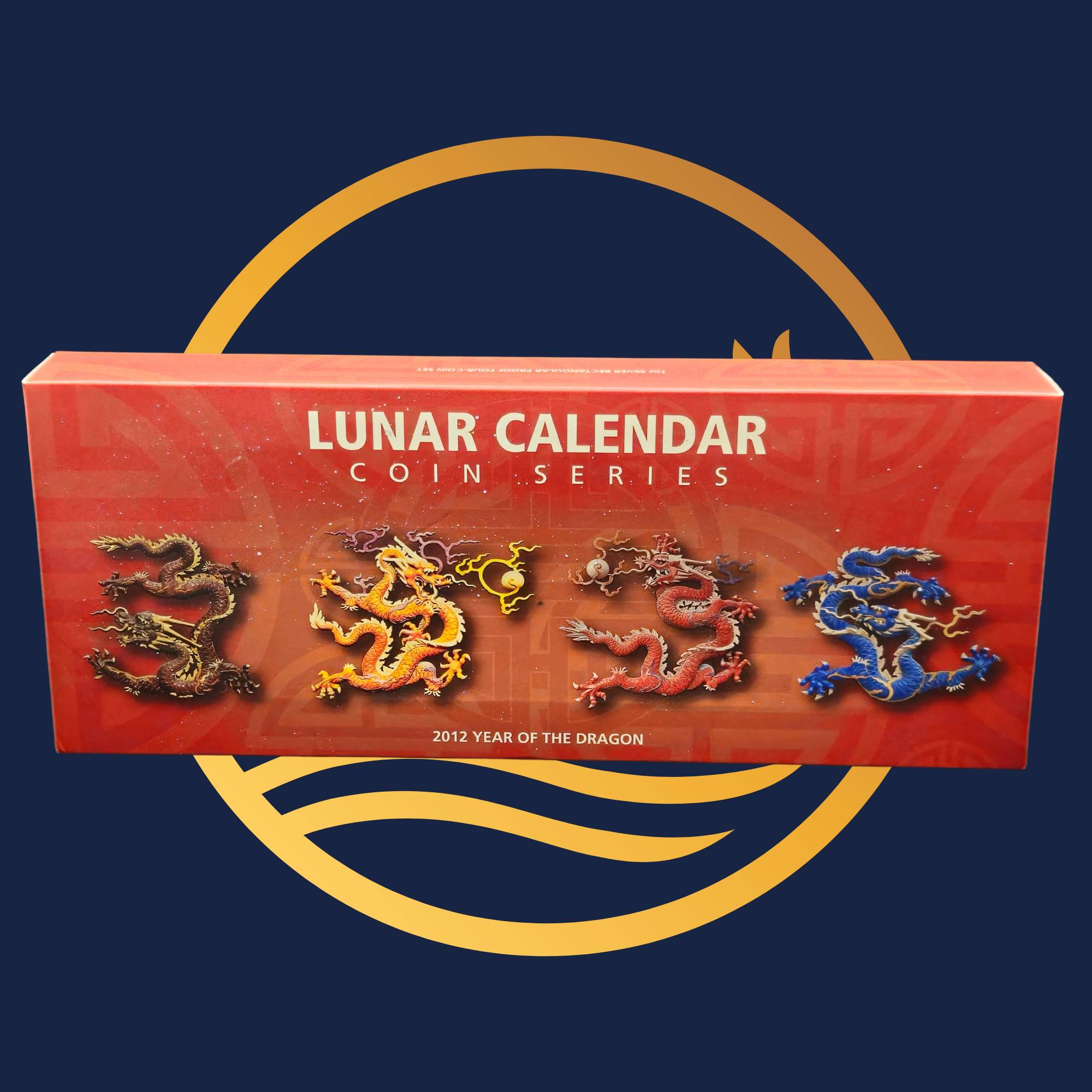 Perth Mint 2012 Year of the Dragon red box of Lunar Calendar Coin Series with dragon illustrations on a blue background
