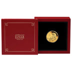 Gold coin in a red 'Australian Lunar' box on a white background