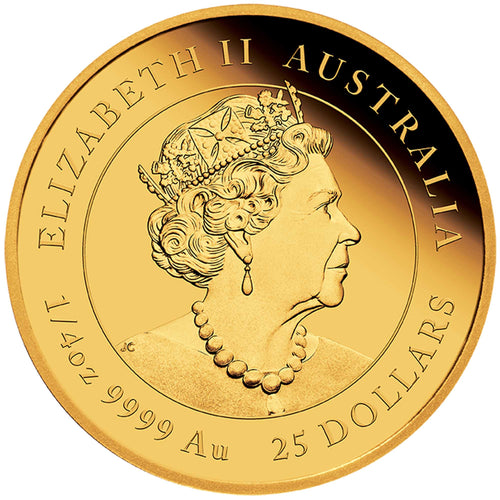 Gold coin with a portrait of Elizabeth II and text indicating its value and purity.