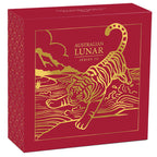 Red and gold packaging box for Australian Lunar Series III with a tiger design.