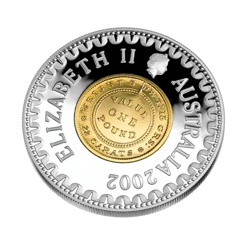 Royal Australian Mint 2002 Adelaide Pound gold and silver coin with 'Elizabeth II' and 'Australia' text on a white background