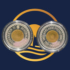 Royal Australian Mint 2002 Adelaide Pound silver coin reverse and obverse with gold and silver details on a blue background with a yellow logo.