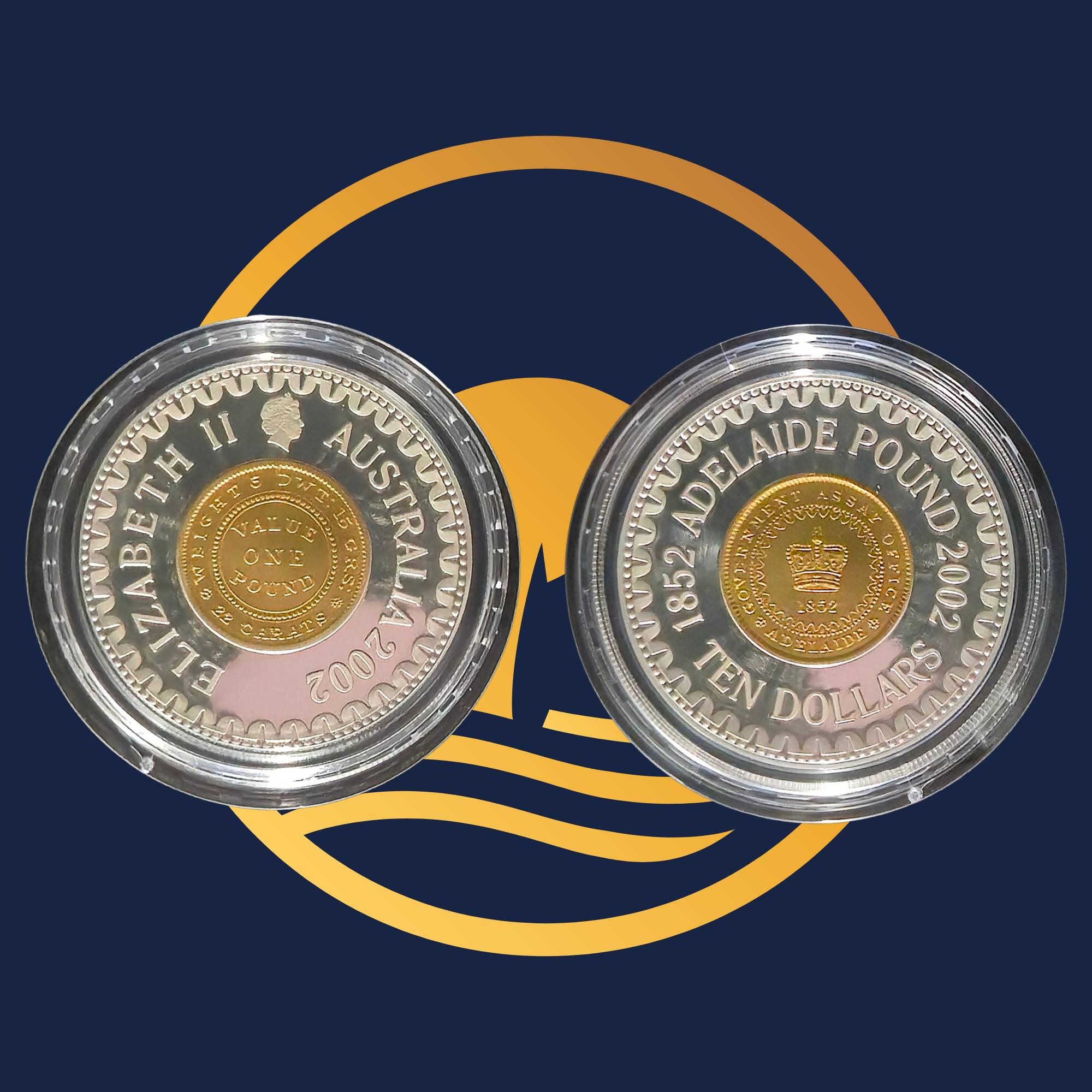 Royal Australian Mint 2002 Adelaide Pound silver coin reverse and obverse with gold and silver details on a blue background with a yellow logo.