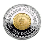 Royal Australian Mint 2002 Adelaide Pound coin with gold centre and silver rim, featuring text and a crown emblem.