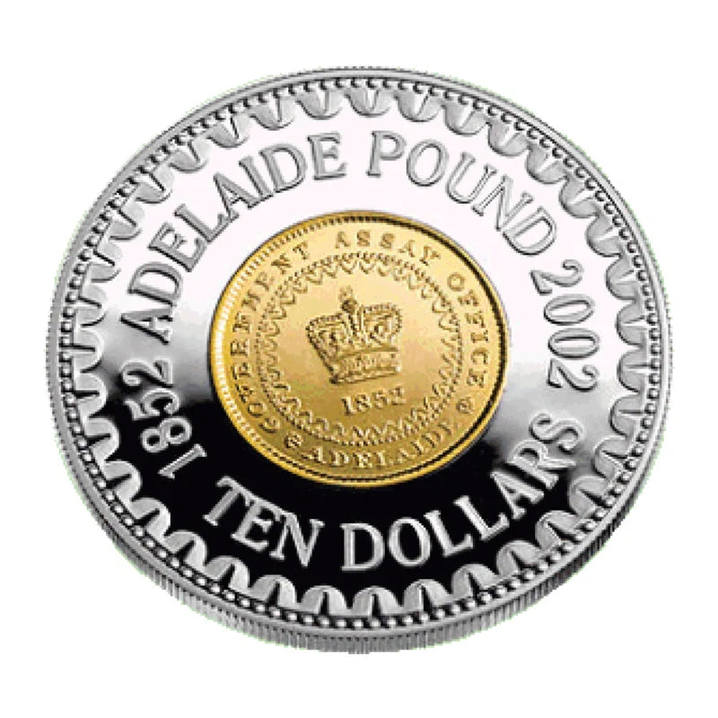 Royal Australian Mint 2002 Adelaide Pound coin with gold centre and silver rim, featuring text and a crown emblem.