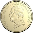 Coin with a profile of a person and text 'Charles III Australia 2025' on a white background