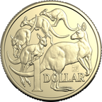 Coin featuring kangaroo designs with 'Dollar' text on a white background
