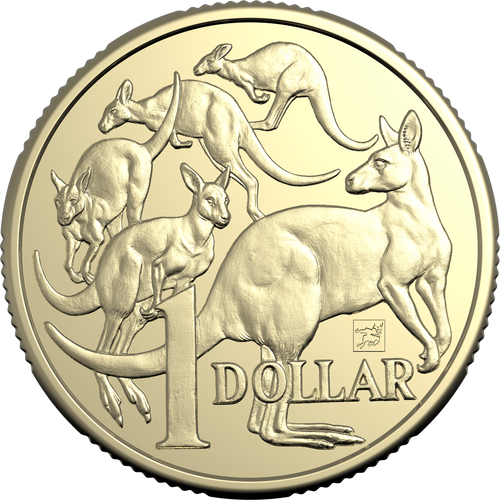 Coin featuring kangaroo designs with 'Dollar' text on a white background