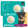 Two coins in display cards with detailed specifications on a white background