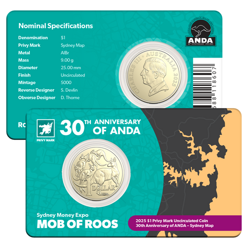 Two coins in display cards with detailed specifications on a white background