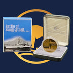 Royal Australian Mint bronze coin in display case with 'Battle of Sunda Strait' packaging on a blue background