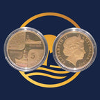 Royal Australian Mint two bronze coins with ship designs and a profile of a queen on a blue and yellow background.