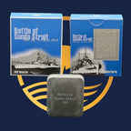 Royal Australian Mint 2002, two boxes labelled 'Battle of Sunda Strait' with a ship image, a small stone plaque, and a blue background.
