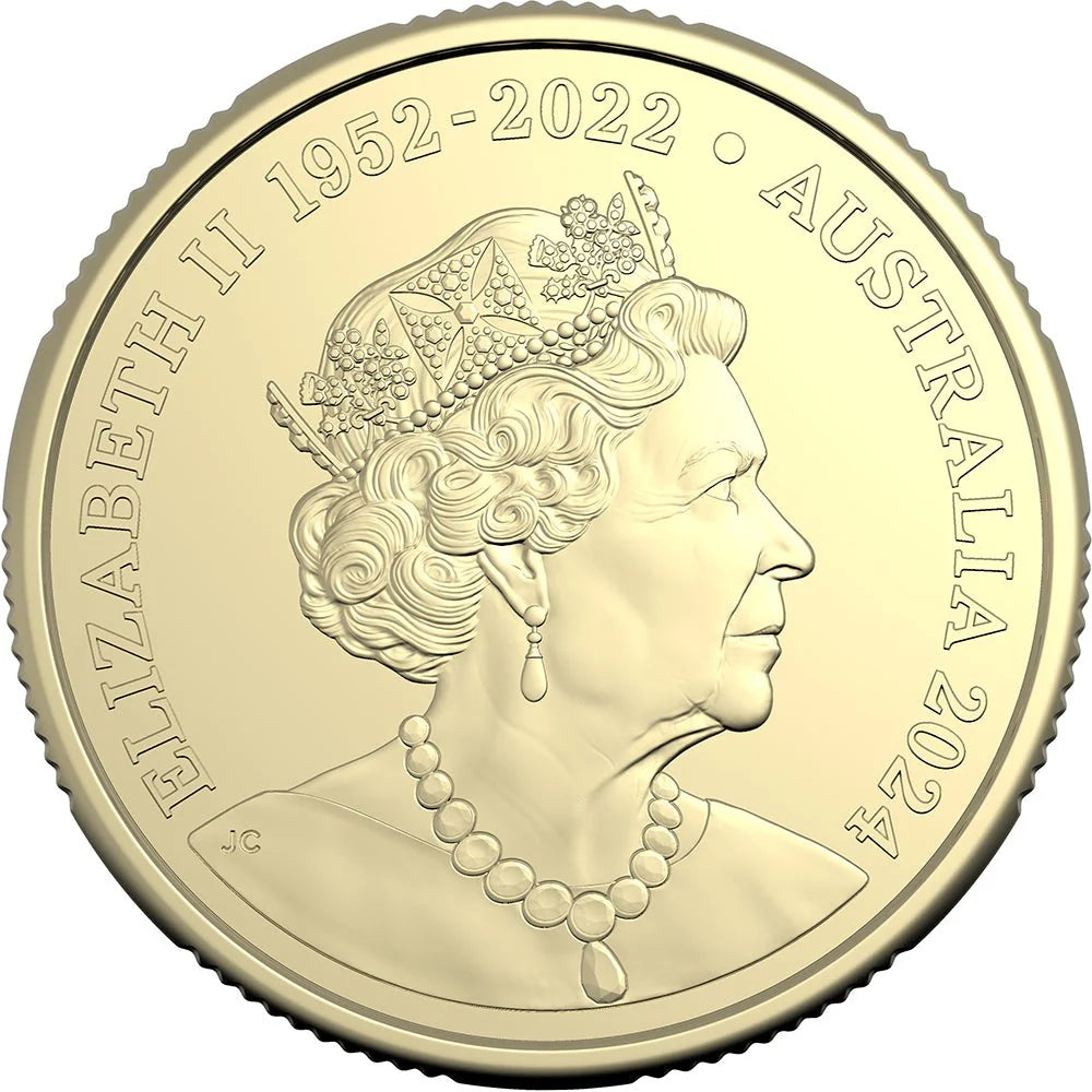 Coin with a profile of a monarch and text 'Elizabeth II 1952-2022 Australia 2024'.