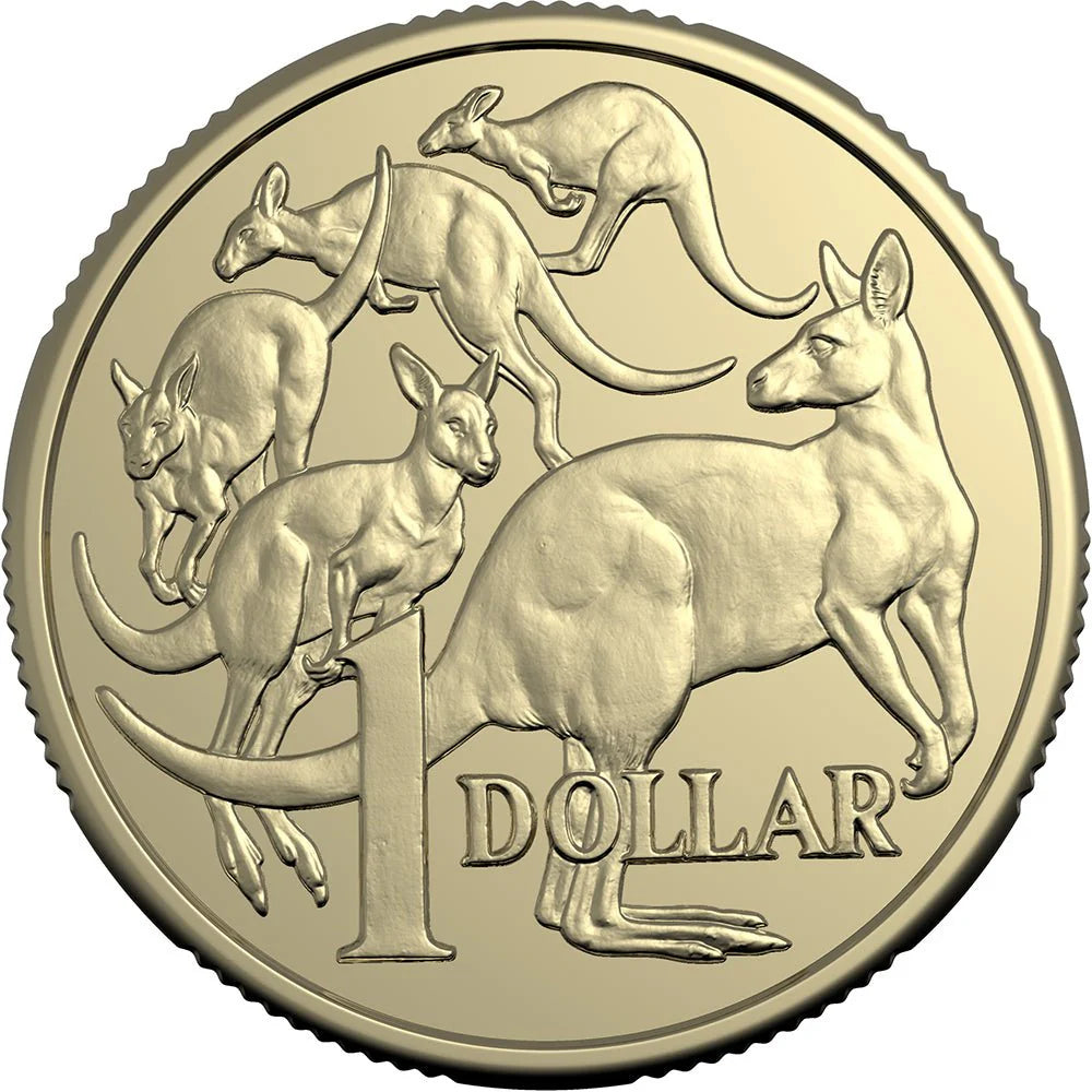 Coin with kangaroo design and 'Dollar' text on a white background