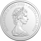 Silver coin with profile of a queen and text 'Elizabeth II 1952-2022 Australia 2024'