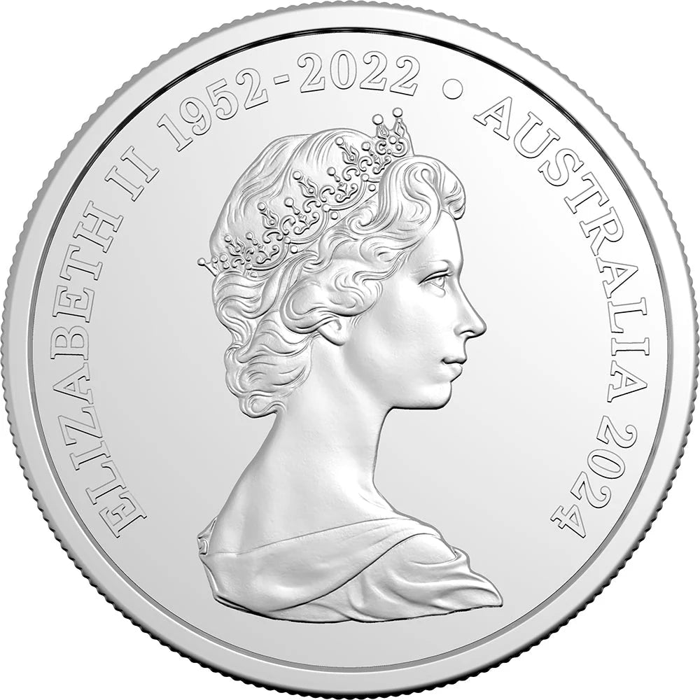 Silver coin with profile of a queen and text 'Elizabeth II 1952-2022 Australia 2024'