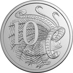 Silver coin with a design of a plant and the number 10 on a white background