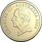 Gold coin with a profile of a person and text 'Charles III Australia 2024' on a white background