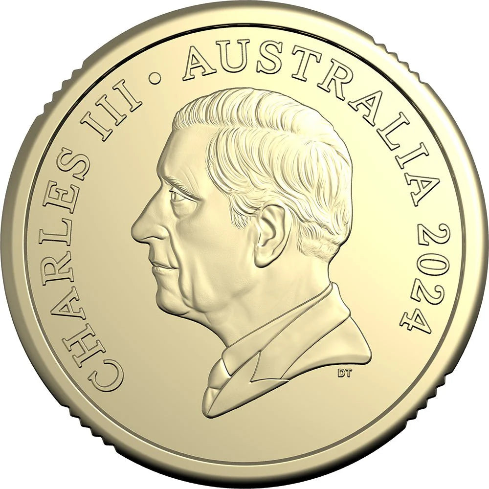 Gold coin with a profile of a person and text 'Charles III Australia 2024' on a white background