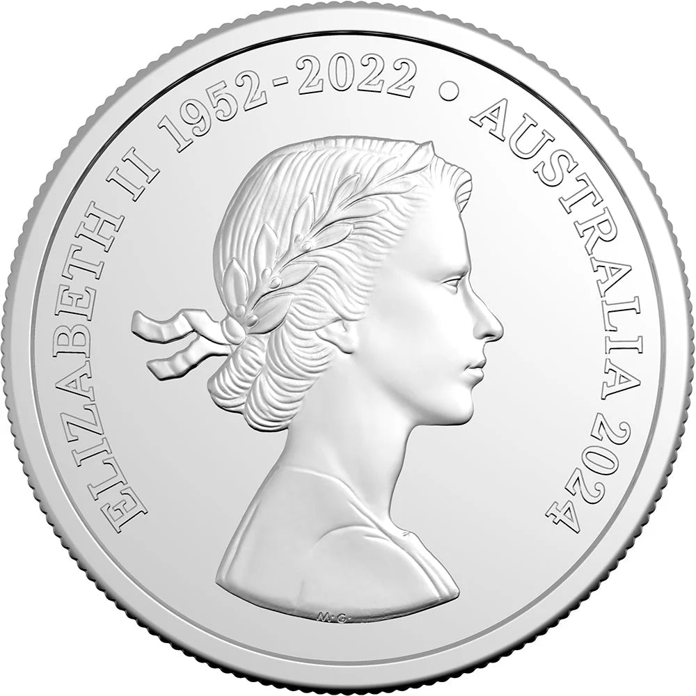 Silver coin with a profile of a woman and text 'Elizabeth II 1952-2022 Australia 2024' on a white background