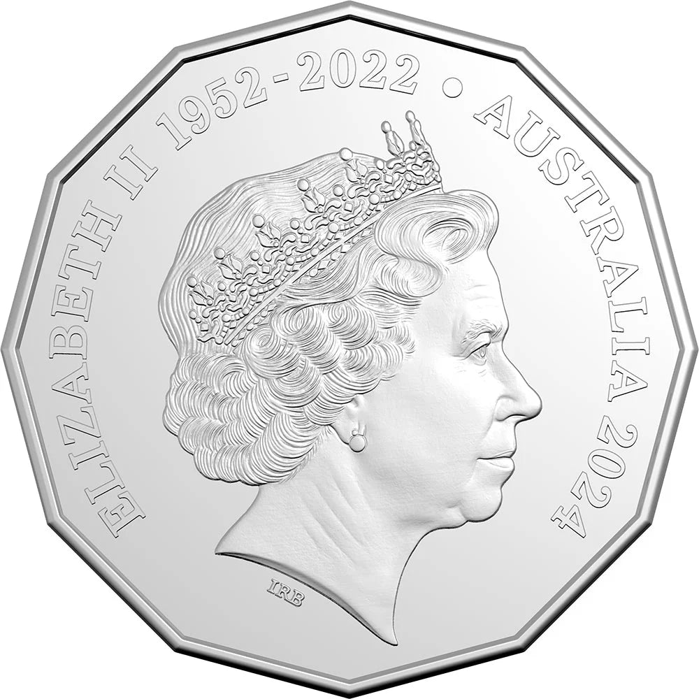 Silver coin with a profile of a monarch and text 'Elizabeth II 1952-2022 Australia 2024'.