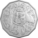 Silver coin with a design of two animals and a shield, featuring the number 50.