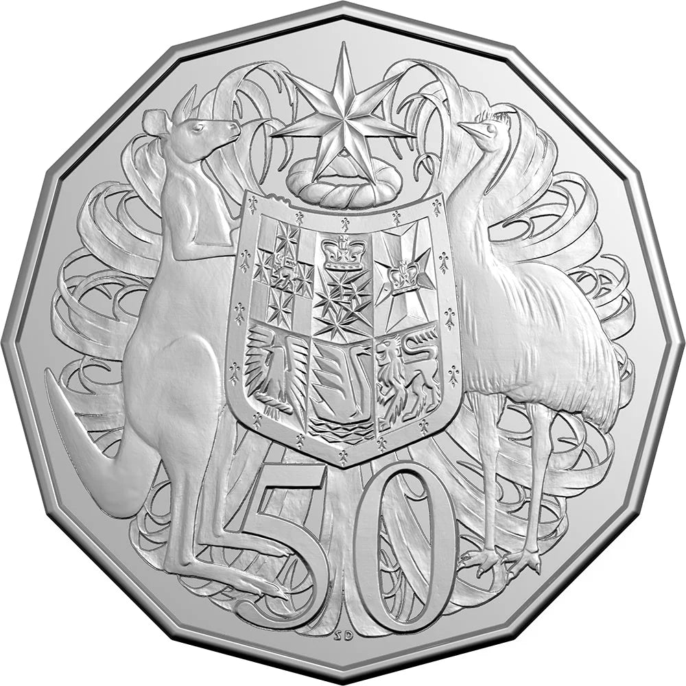 Silver coin with a design of two animals and a shield, featuring the number 50.