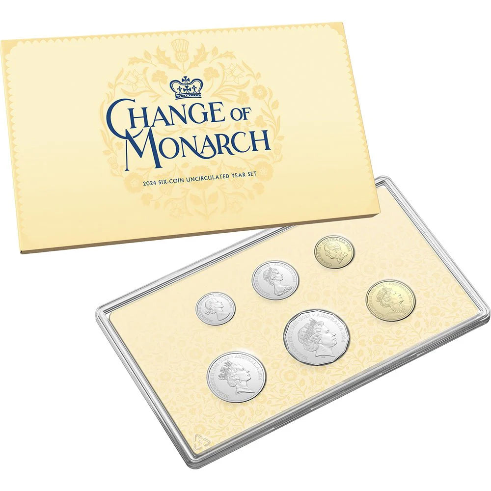 Set of coins in a display case with 'Change of Monarch' packaging on a white background