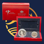 Royal Australian Mint 2006 Duyfken two silver coins in a red display case with a blue background featuring a gold emblem.