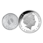 Royal Australian Mint 2006 two silver coin obverses with a profile of Queen Elizabeth II and a map design on a white background