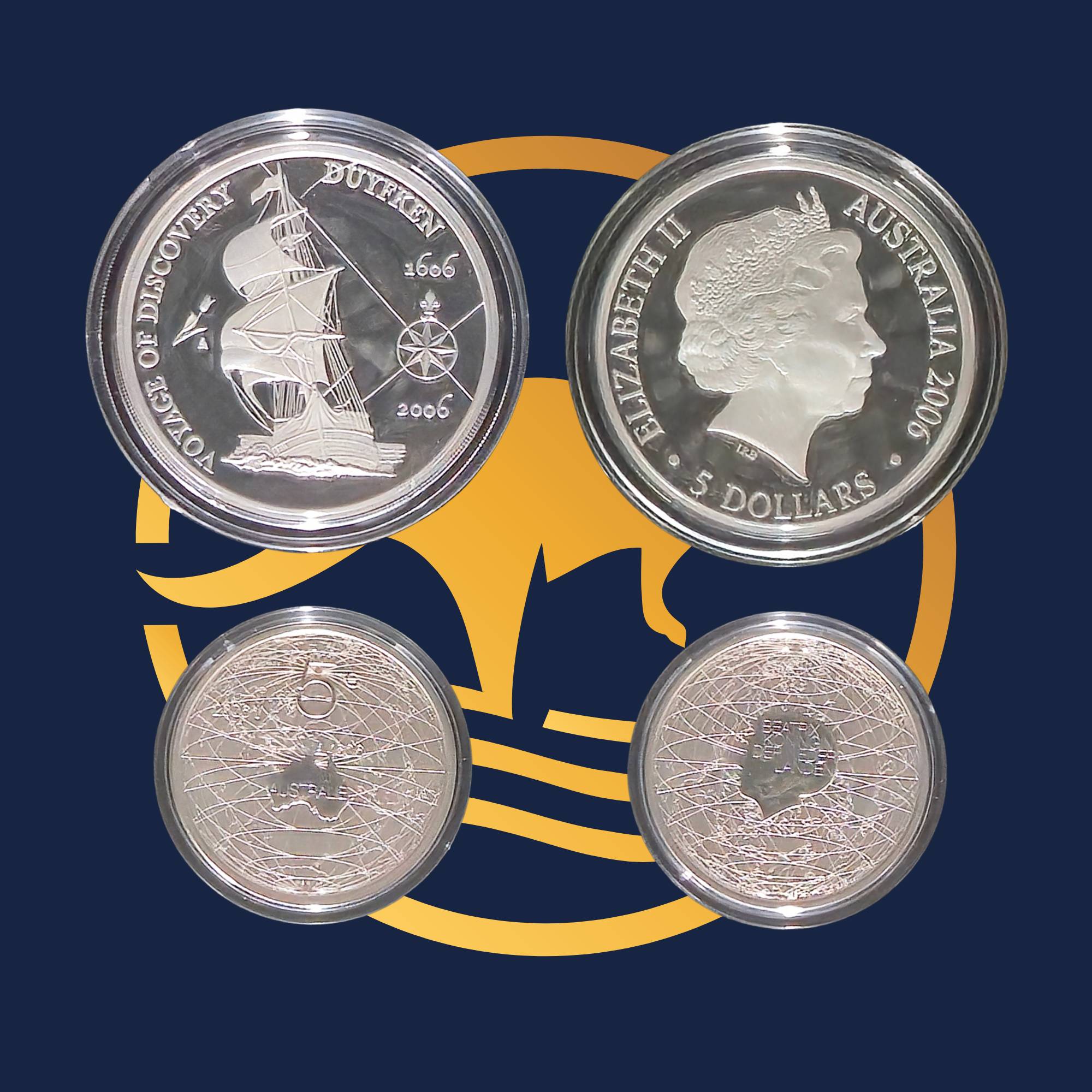 Royal Australian Mint 2006  Duyfken proof set featuring the reverses and obverses of two silver coins