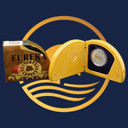 Royal Australian Mint 2004 Eureka Stockade  wooden display case with a coin and packaging labelled 'Eureka Stockade' on a blue background