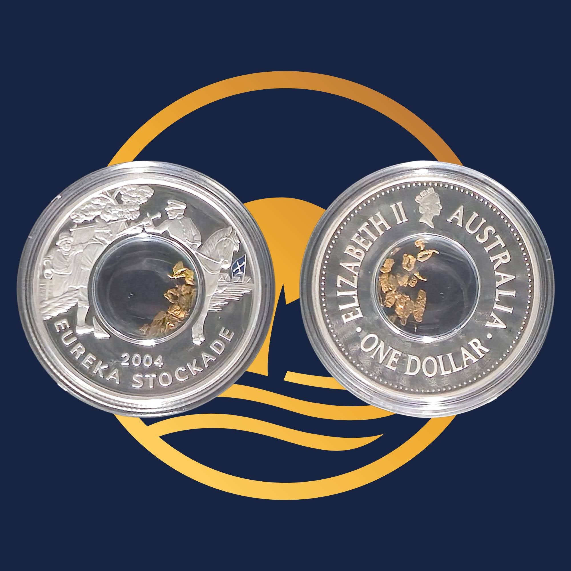 Royal Australian Mint 2004 Eureka Stockade silver coin reverse and obverse with gold inserts on a blue background with a yellow circle.