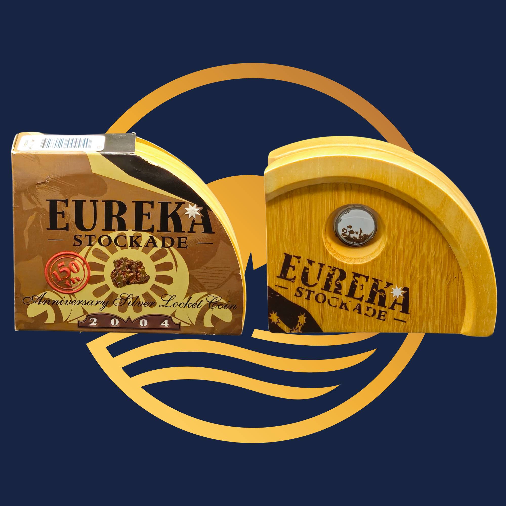 Royal Australian Mint 2004 Eureka Stockade wooden box and packaging on a blue background