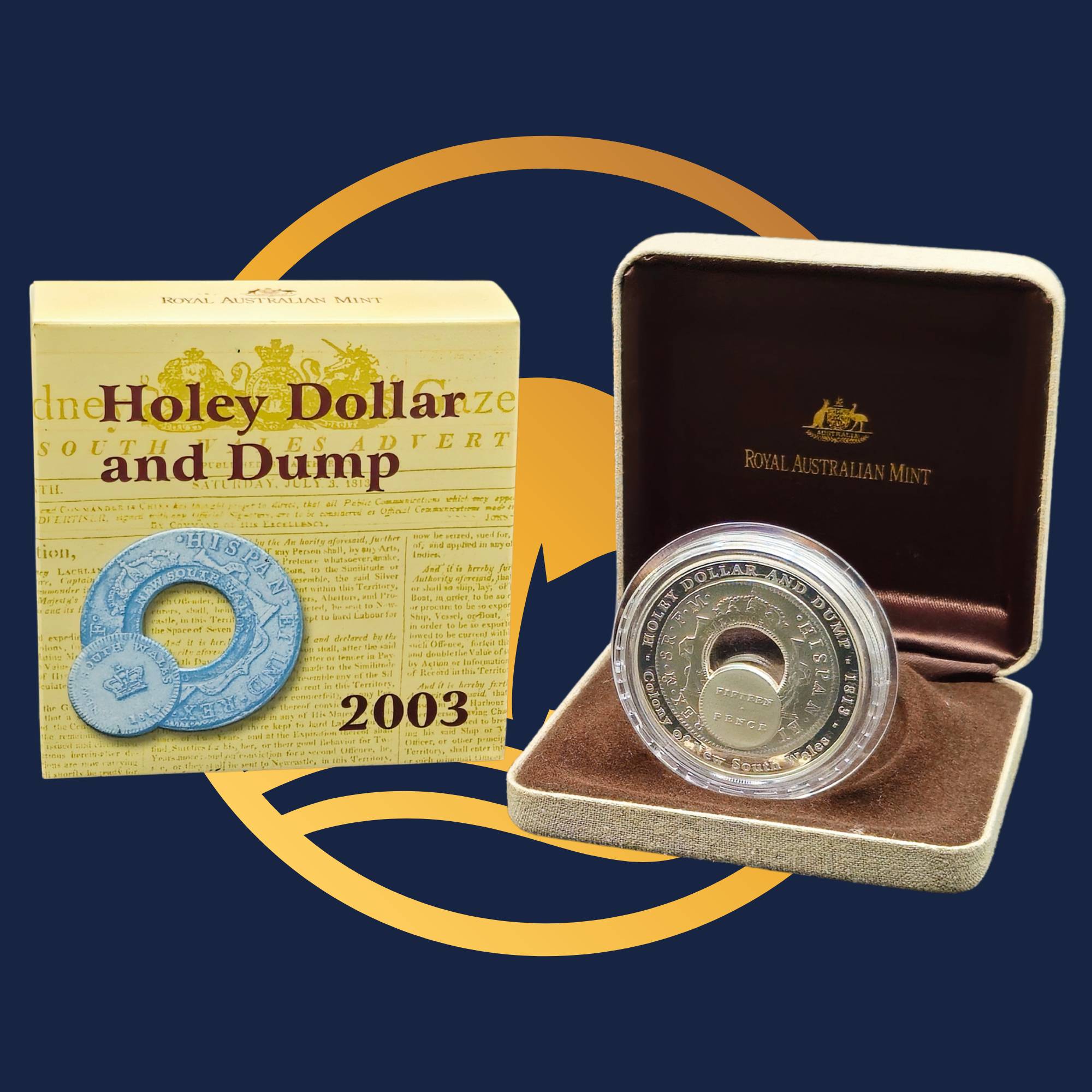 Royal Australian Mint 2003 Holey Dollar and Dump coin with packaging on a blue background