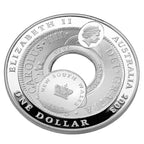 Royal Australian Mint 2003 silver Australian dollar coin with text and a portrait on a white background