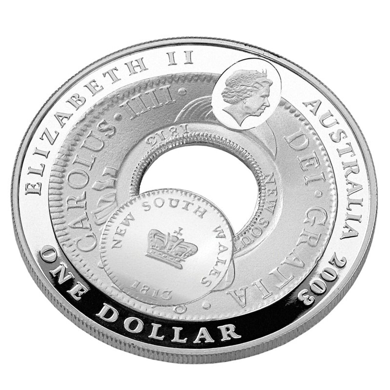Royal Australian Mint 2003 silver Australian dollar coin with text and a portrait on a white background