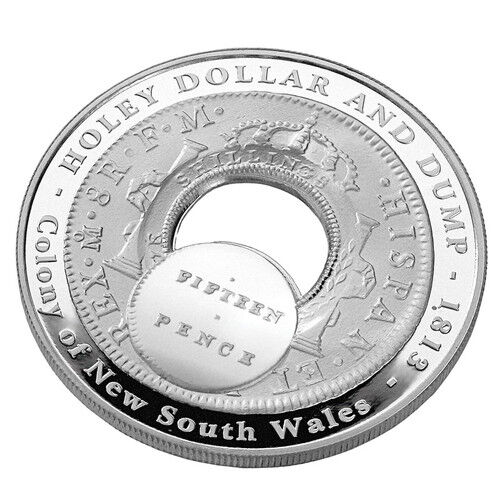 Royal Australian Mint 2003 silver coin with engraved text and design, featuring 'Holey Dollar and Dump' and 'Fifteen Pence'.