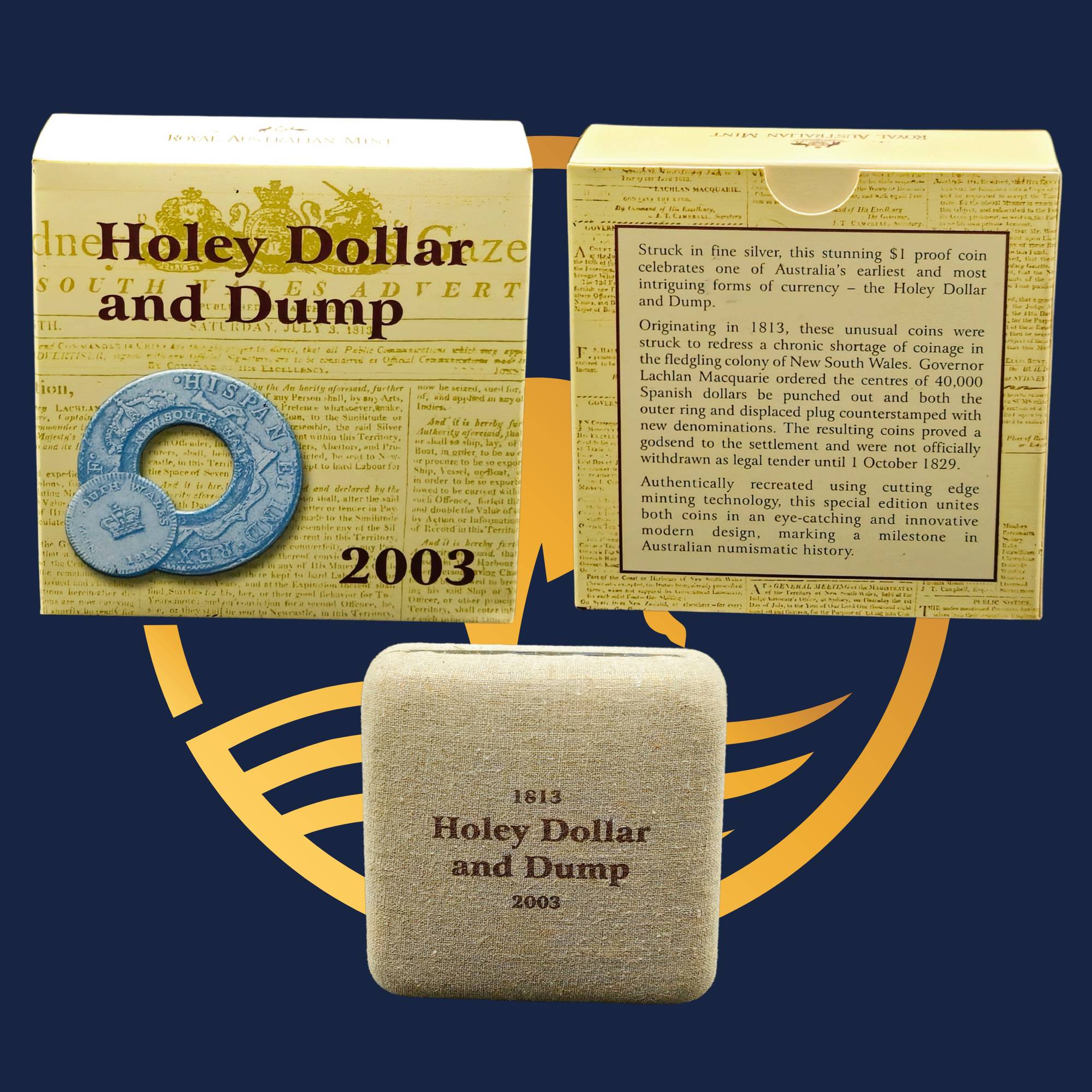 Royal Australian Mint 2003 Holey Dollar and Dump collectible set with packaging on a blue background