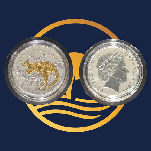 2003 Australia's First Selectively Gold-Plated coin from the Royal Australian Mint, reverse and obverse with a kangaroo and Queen Elizabeth II on a blue and yellow background
