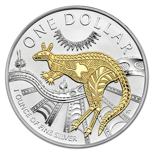 2003 Australia's First Selectively Gold-Plated coin from the Royal Australian Mint, kangaroo with 'One Dollar' text on a white background