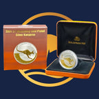 Royal Australian Mint 2004 Kangaroo silver coin with gold plating featuring a kangaroo design, displayed in a case against a blue background.